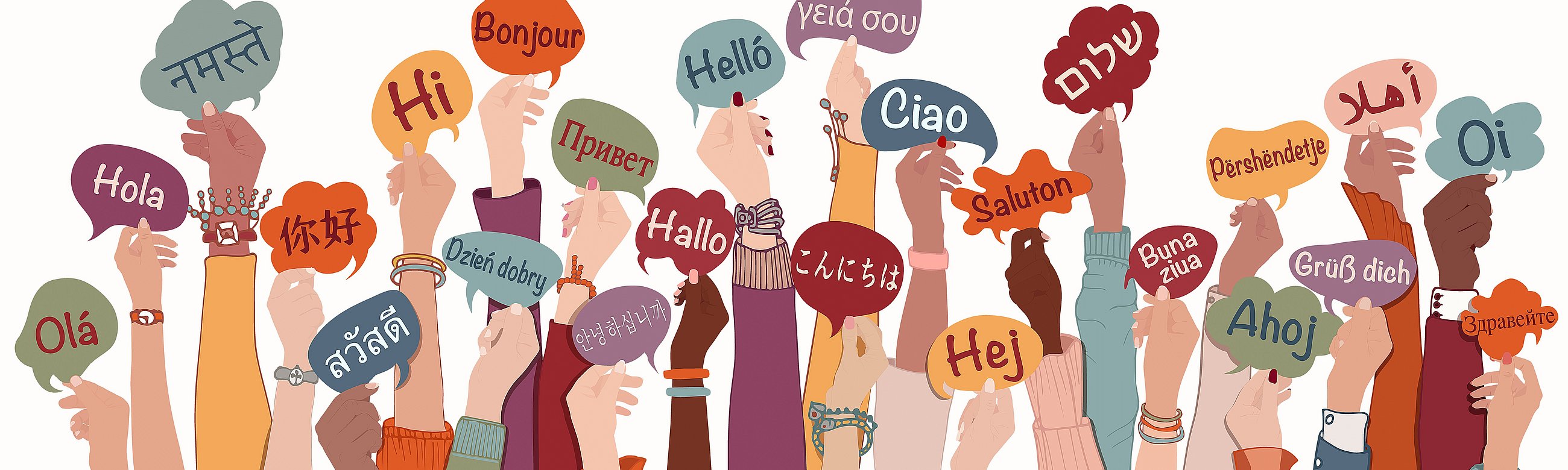 Viele Hände halten Sprechblasen mit der Aufschrift "Grüß dich" in verschiedenen Sprachen nach oben