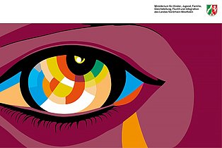 buntes, abstraktes Auge und das Logo des Integrationsministeriums