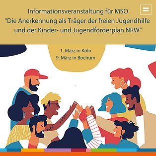 Menschen, die im Kreis stehen und die Hände zusammenlegen. Text: Informationsvereanstaltungen am 01. und 09. März 2023